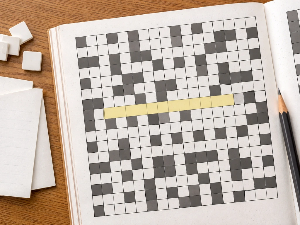 Overhead view of an open crossword grid with highlighted clue area and clear box counts.