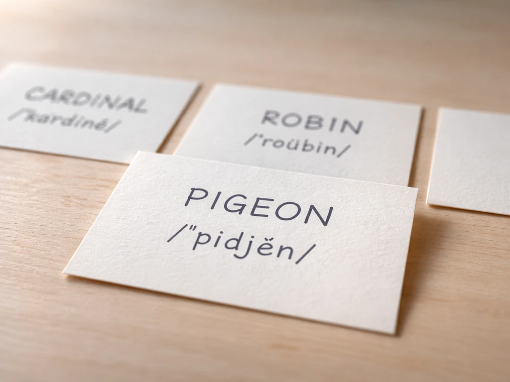 Minimal close-up of handwritten bird name cards showing correct spelling and pronunciation cues