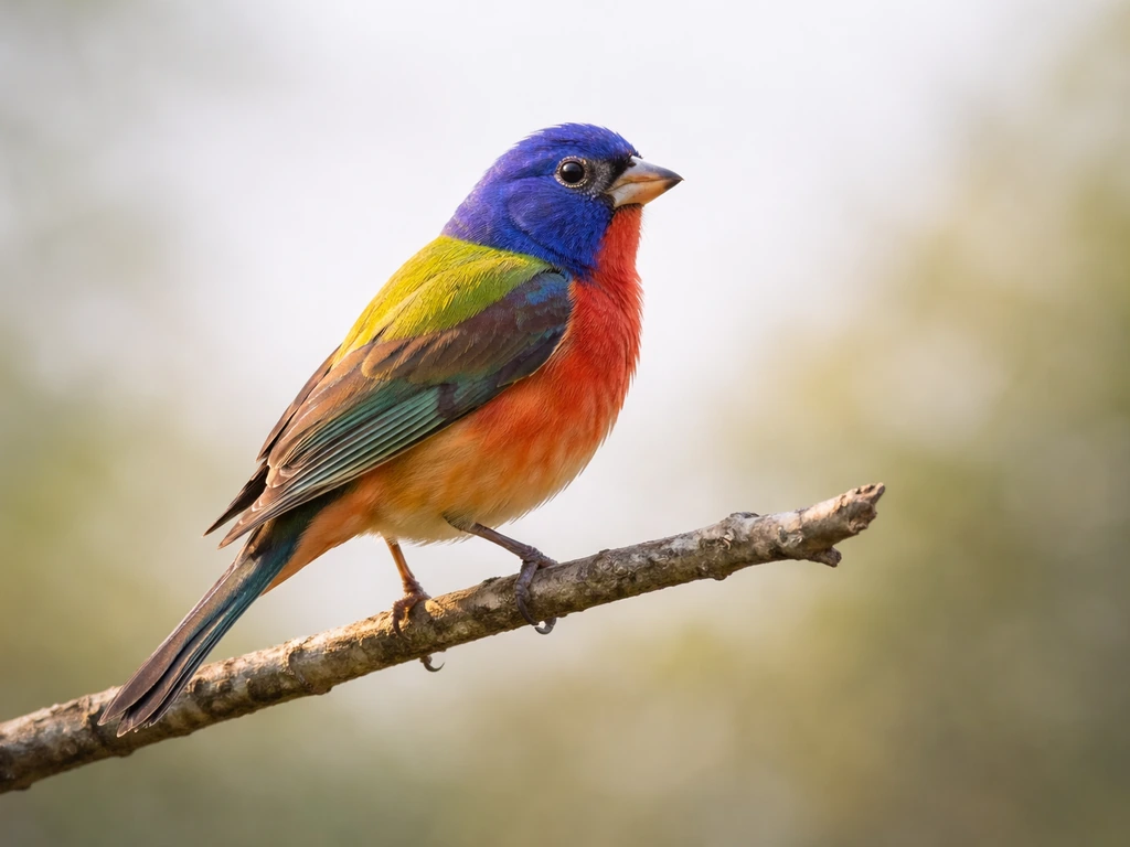 Colorful “painted” wild bird perched on a branch against a soft, blurred background.