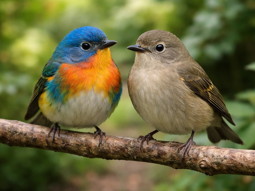 Colorful vividly “painted-looking” bird perched beside a more natural-looking bird in soft daylight.