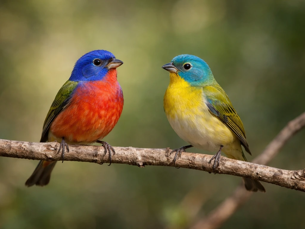 Two painted buntings perched side by side on a branch in soft morning light.