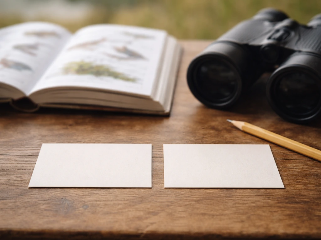Open bird field guide with two blank index cards representing English and Latin species names.