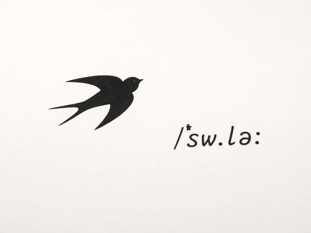 Minimal photo of a bird silhouette with nearby phonetic-style markers to guide pronunciation.