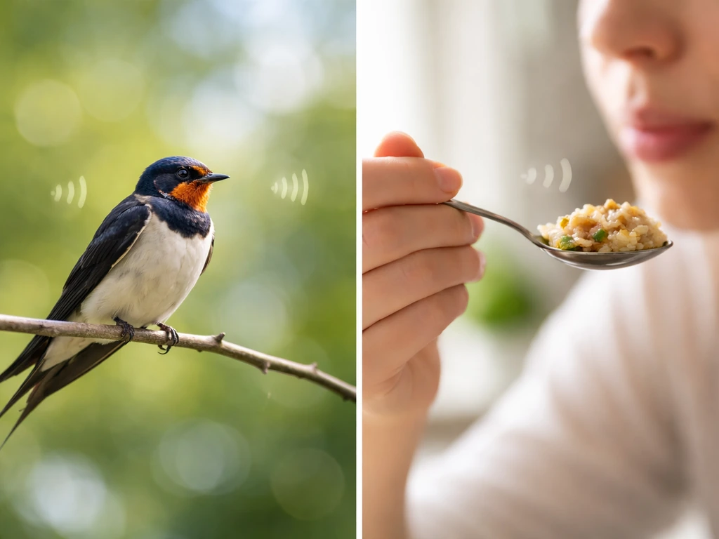 Split-screen: swallow bird on a branch vs a spoonful of food near a mouth, same sound concept.