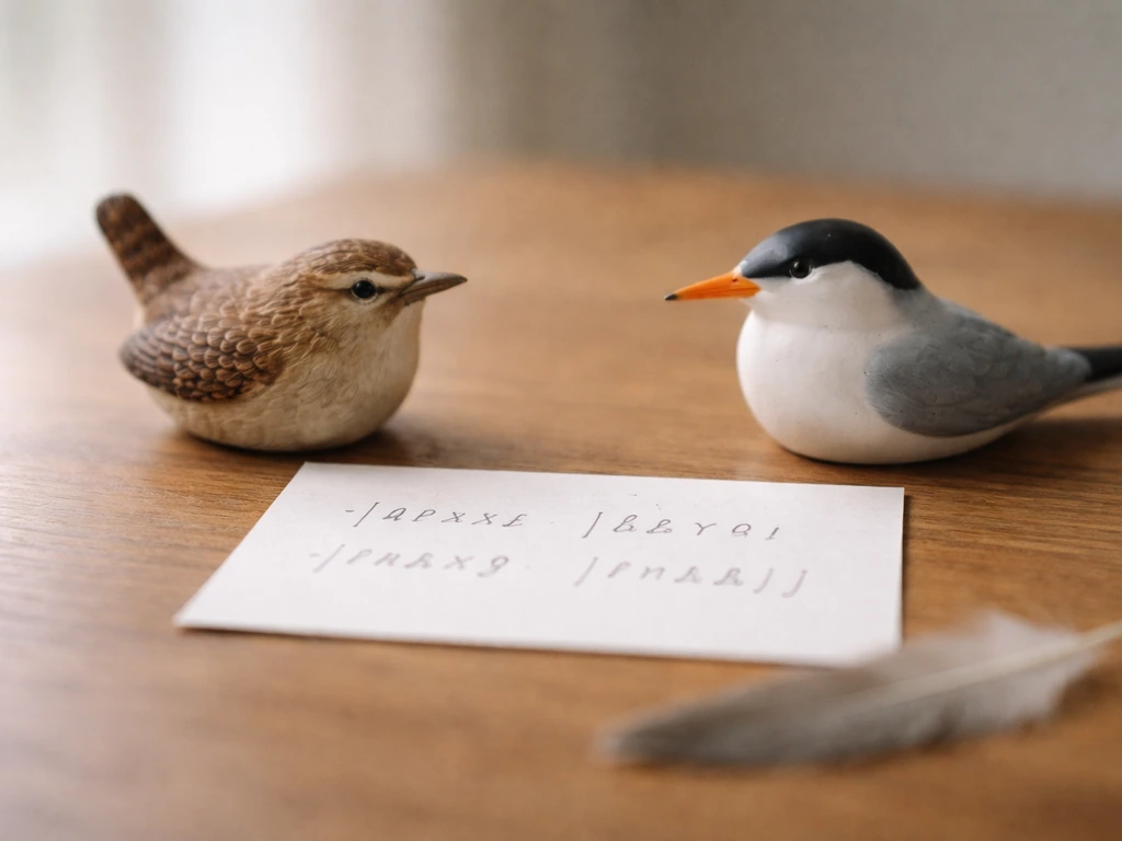 Close-up of two small bird figurines beside a blank card with blurred IPA-like writing.