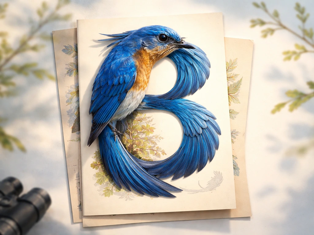 A vivid bluebird shaped like a large letter B on a bird guide card background.