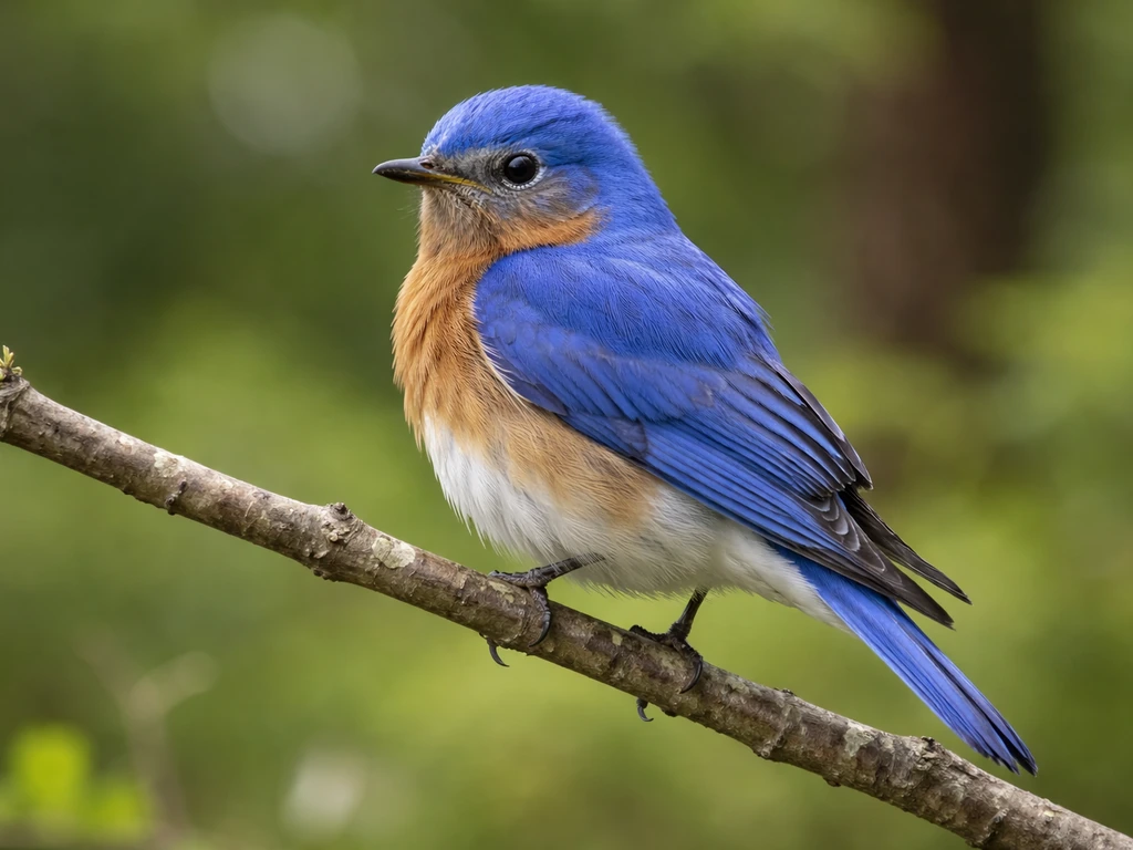 Close-up of a vivid bluebird perched in soft natural light with crisp blue feathers