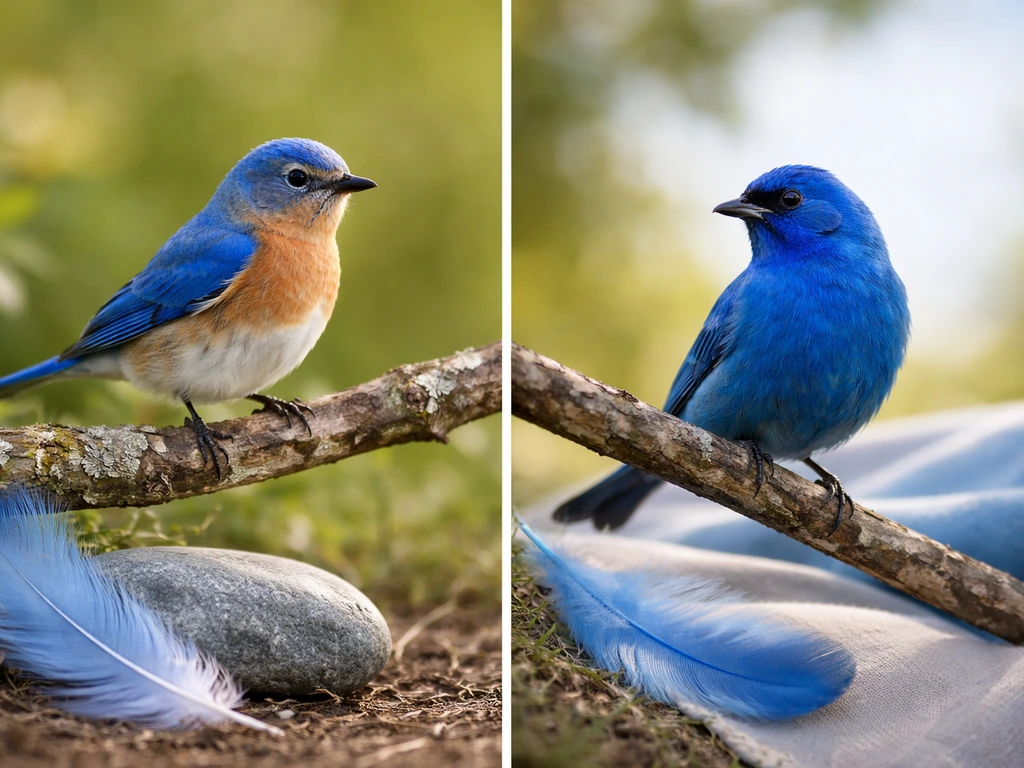 Two generic blue birds on branches with subtle blue-toned props, minimal side-by-side photo composition.