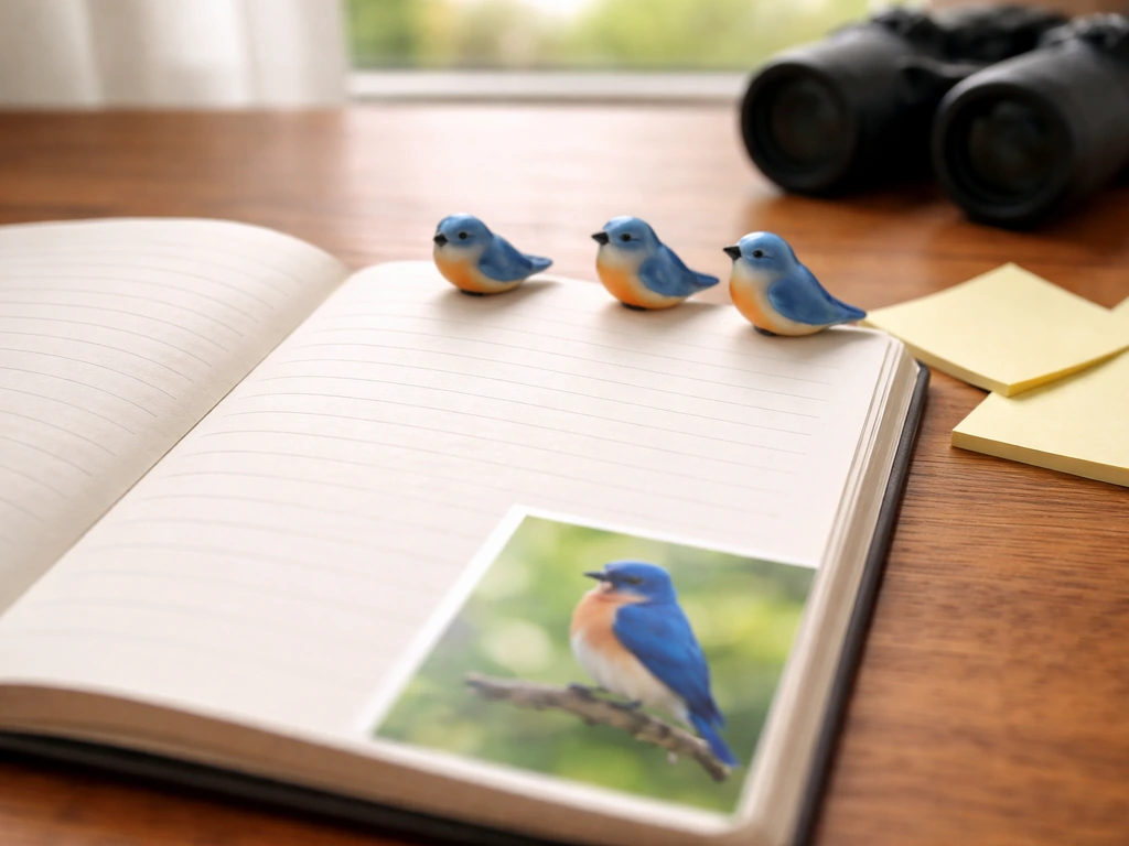 Close-up of a birding field notebook with a small bluebird photo reference and simple bird icons