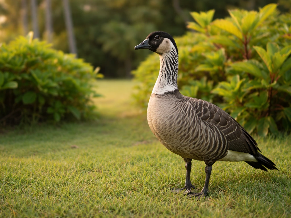 Hawaiian goose (nēnē) standing on green grass near tropical shrubs in soft natural light