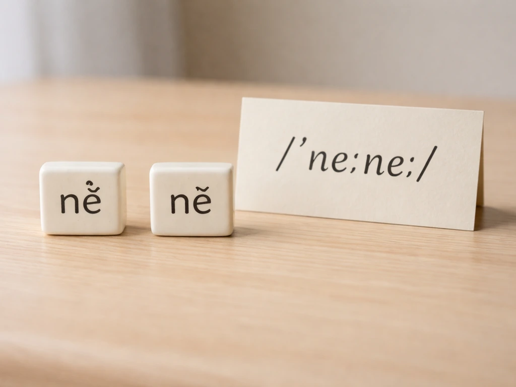 Minimal desk close-up with two “nē” tiles and a card showing IPA pronunciation with vowel length.