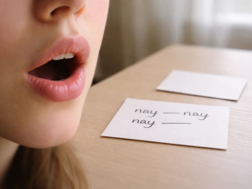 Close-up of an open mouth practicing a long “naaaaay” vowel, with blank cue cards on a table.