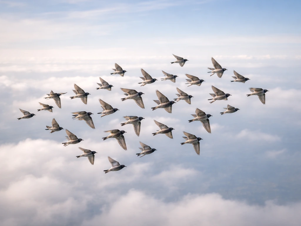 Vivid aerial view of a large flock of birds flying in formation over soft clouds