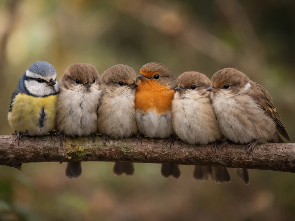 Several small birds gathered together on a branch, one visible group in natural light.