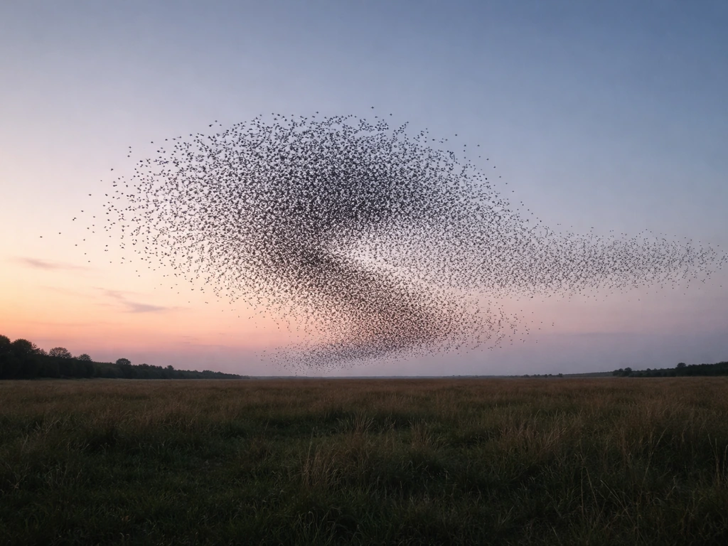 Starlings swirl together in a murmuration above a grassy field at dusk.