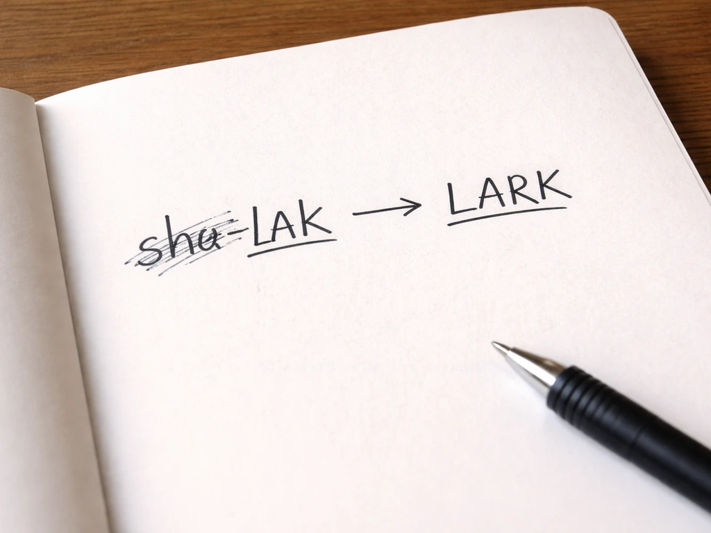 Open notebook and paper with handwritten wordplay steps splitting shellac and transforming LAK into LARK.