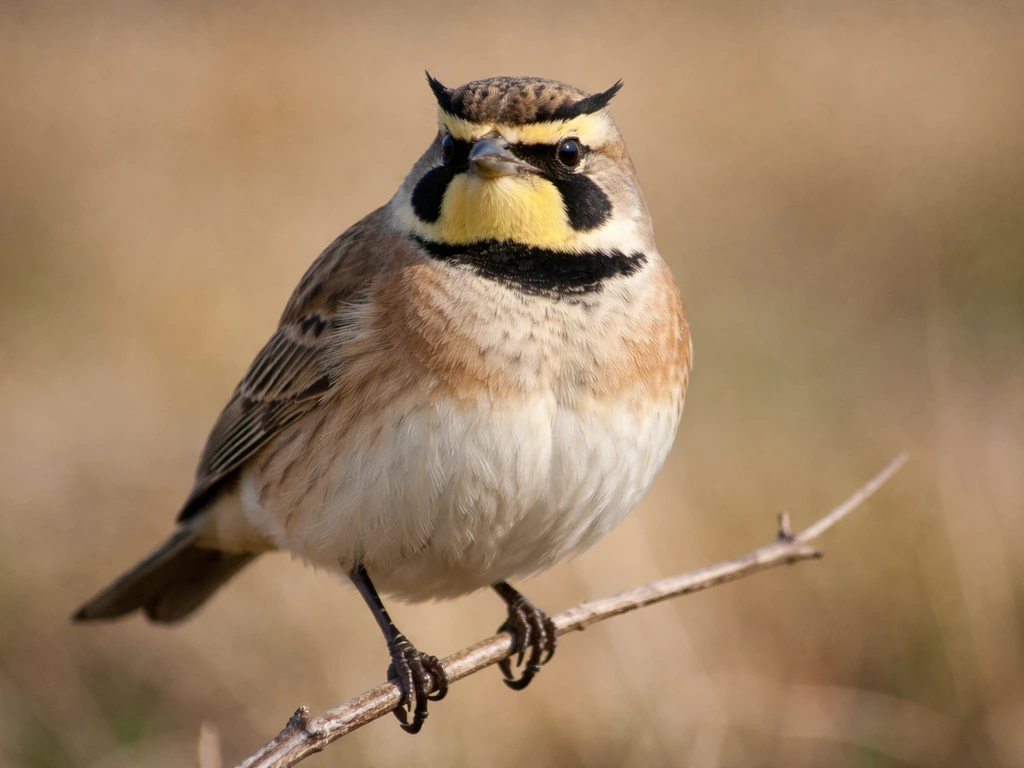 Horned Lark perched on a small branch, close-up in natural habitat, clear view for bird-name reference