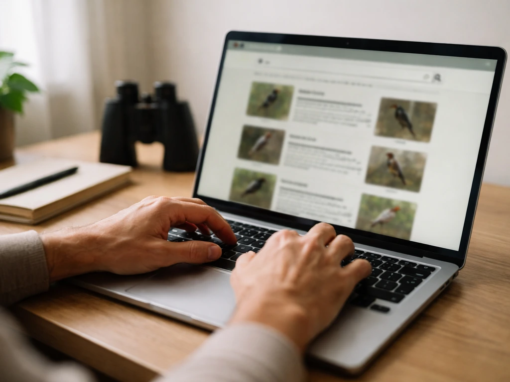 Hands typing “Lark” on a laptop, with blurred All About Birds-like site results in the background