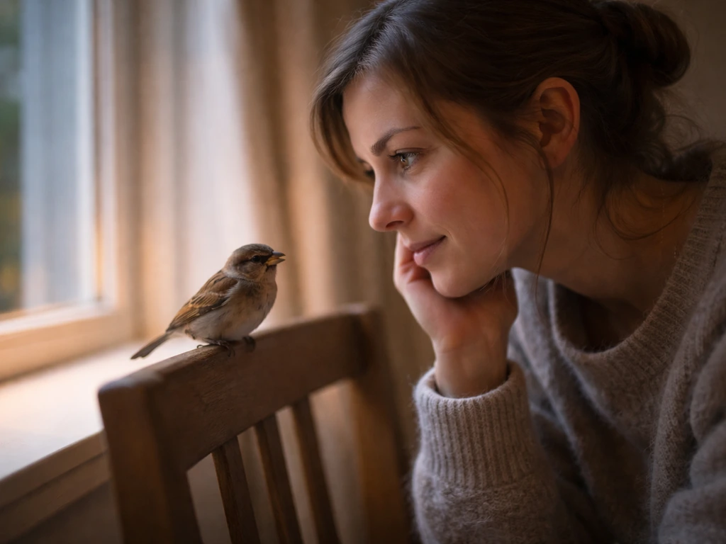 An adult listens to a nearby small bird perched close by, suggesting a whispered secret idiom.