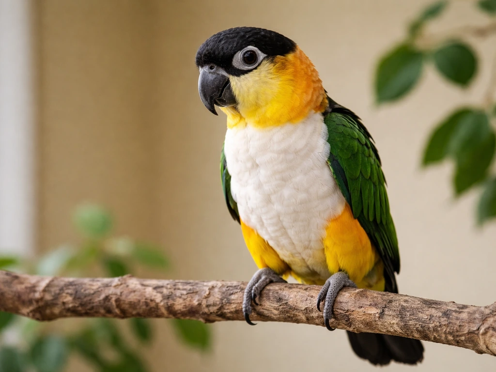 Black-headed caique parrot perched calmly indoors with natural light and plain background.