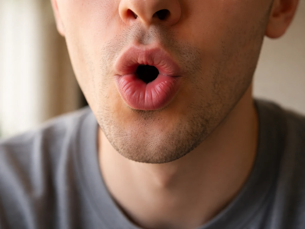 Close-up of a person’s mouth shaping “caique,” emphasizing the second syllable sound rhythm.