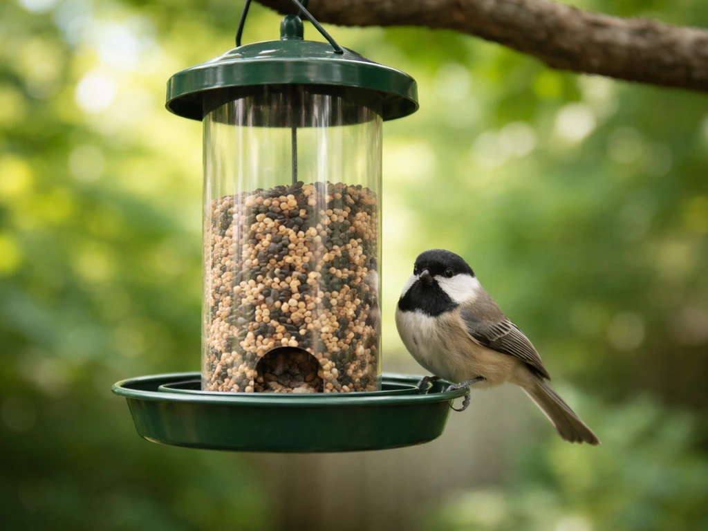 Close-up of a bird feeder with a small bird perched nearby, showing “bird” as a modifier
