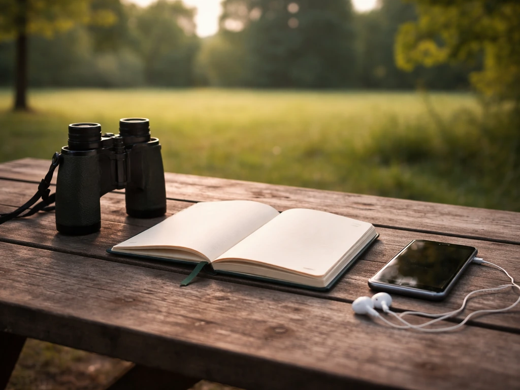 Close-up of an open field notebook beside binoculars and a smartphone playing bird calls, focused on sound cues