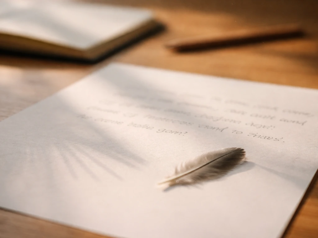Close-up of handwritten riddle paper with a feather motif on a wooden desk, natural light.