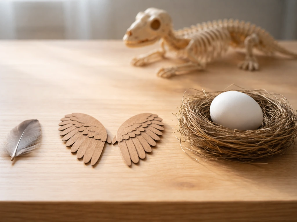A wooden table photo with a feather, craft wings, an egg in a twig nest, and a small skeleton model.