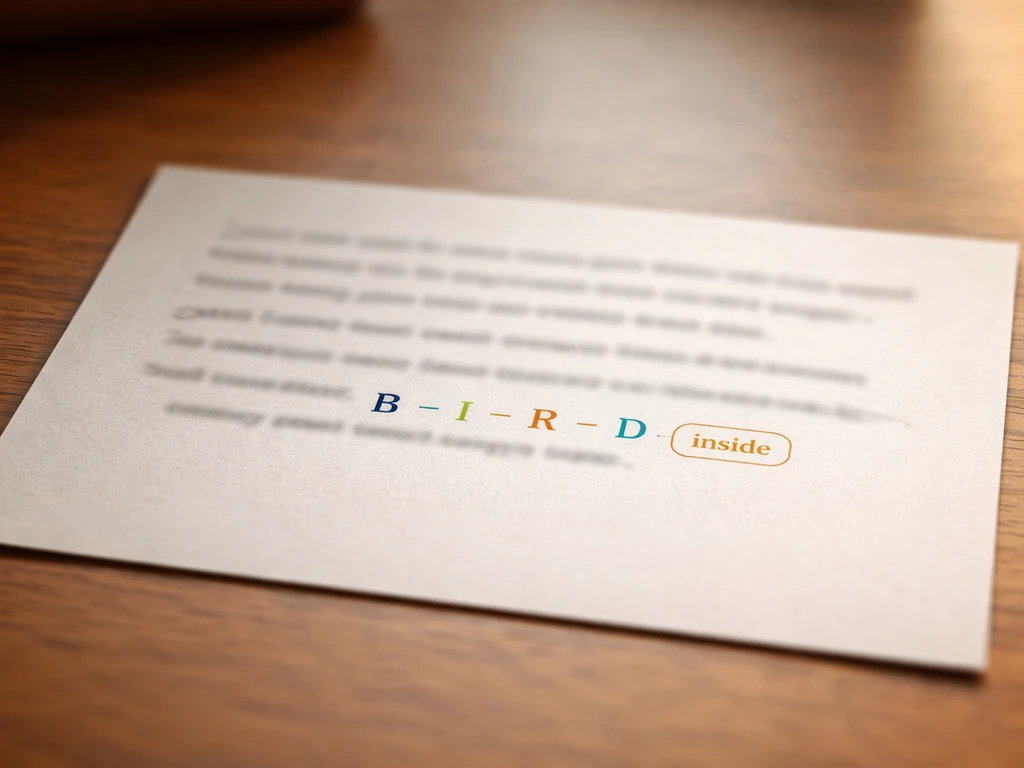 Close-up of printed riddle text on a desk showing embedded highlighted letters BIRD and an inside indicator.