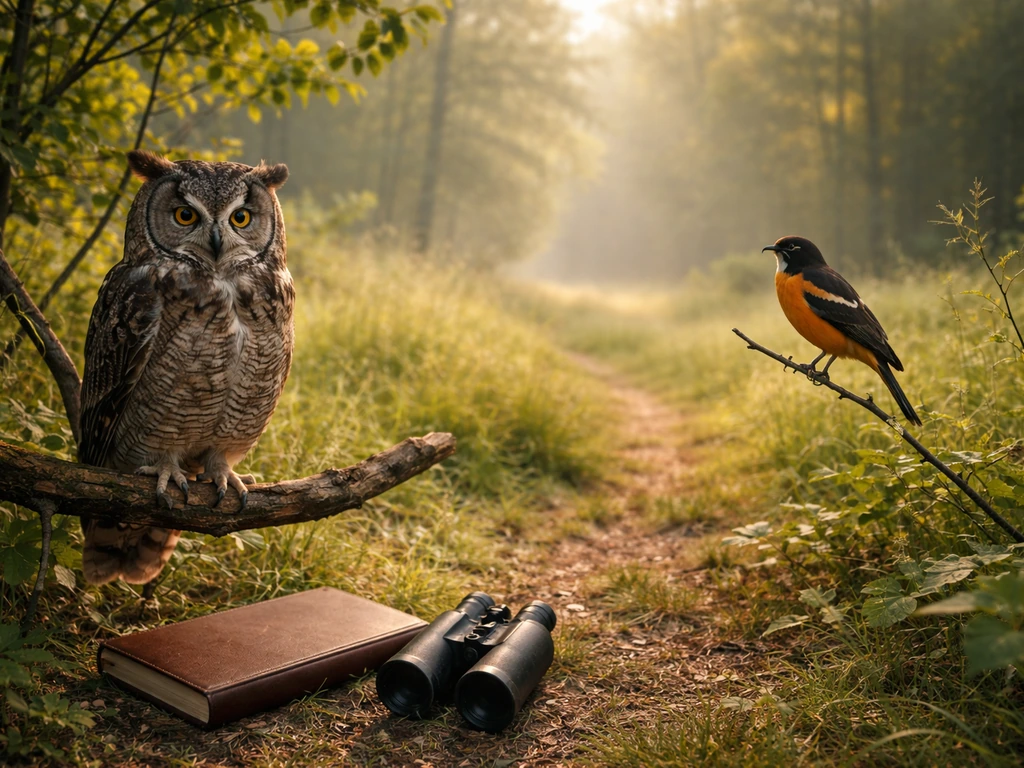 An owl and an orange oriole perch near binoculars and a field guide in a quiet woodland.
