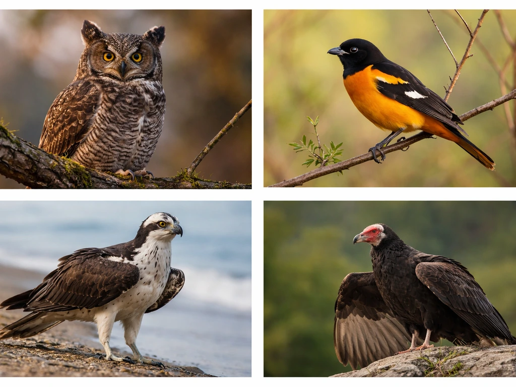 2x2 photo lineup of common North American O-birds: owl, oriole, osprey, and turkey vulture.