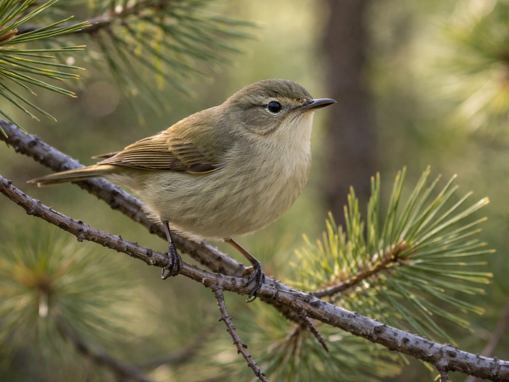 Close-up of an olive warbler perched on pine branches, showing subtle olive tones in natural light.