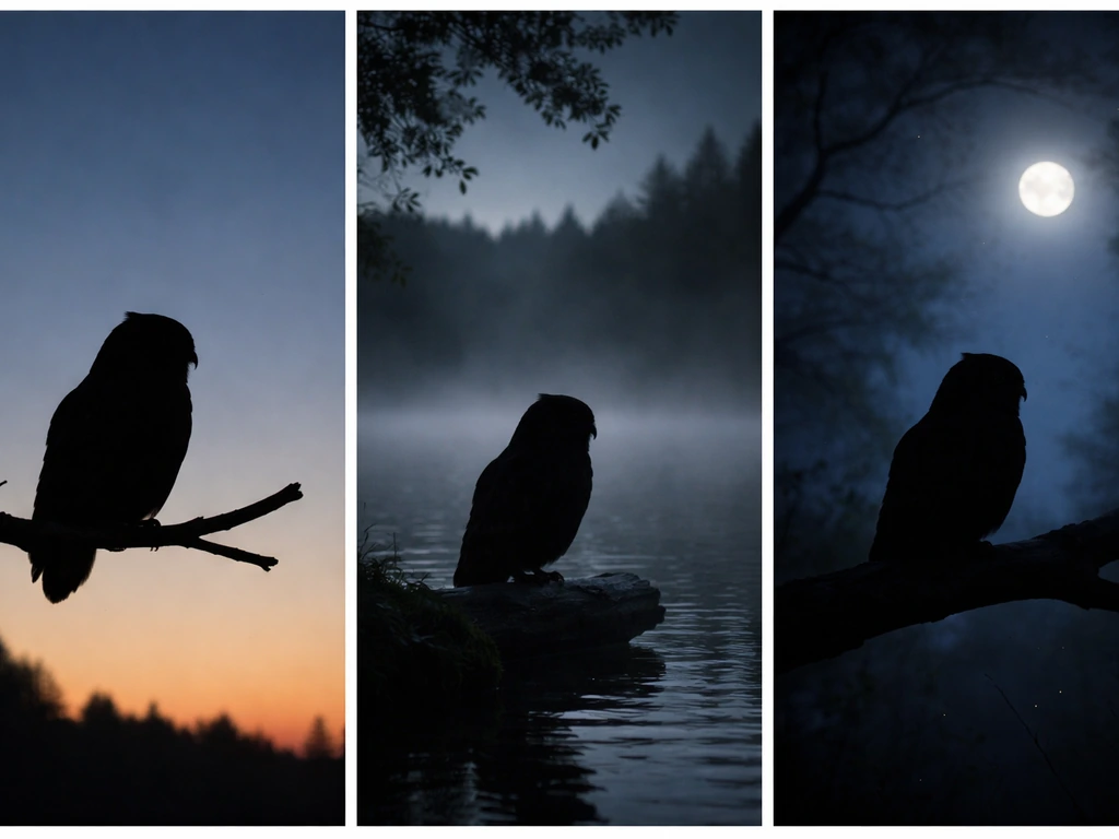 Three minimal scenes: an owl silhouette on a branch, another near water, and a moonlit nighttime owl.