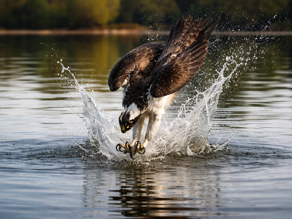 Osprey diving feet-first into water to catch a fish, with ripples and splashing