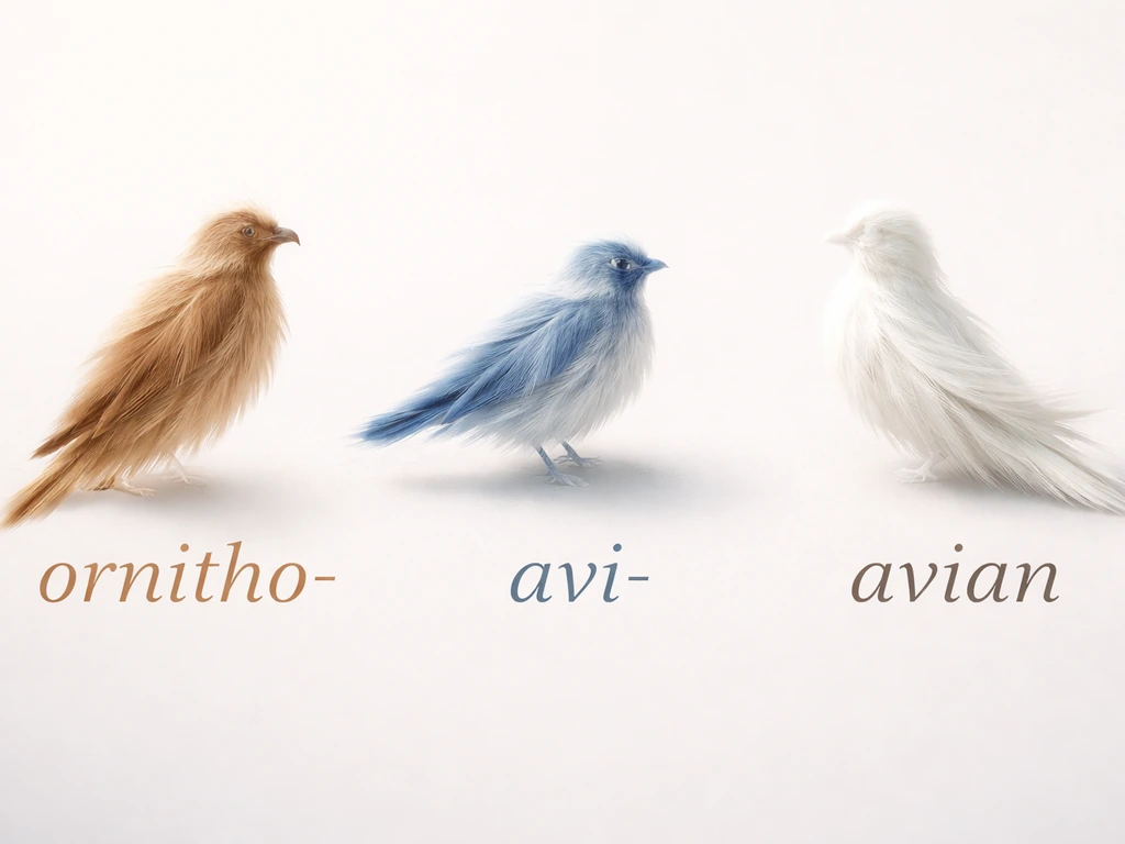 Minimal photo of three bird-name prefixes over soft feather silhouettes in a clean, bright background