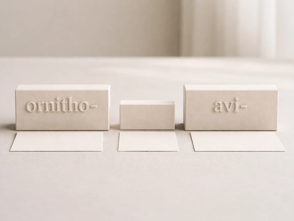 Minimal desk scene with two distinct blocks labeled ornitho- and avi- to illustrate bird word roots