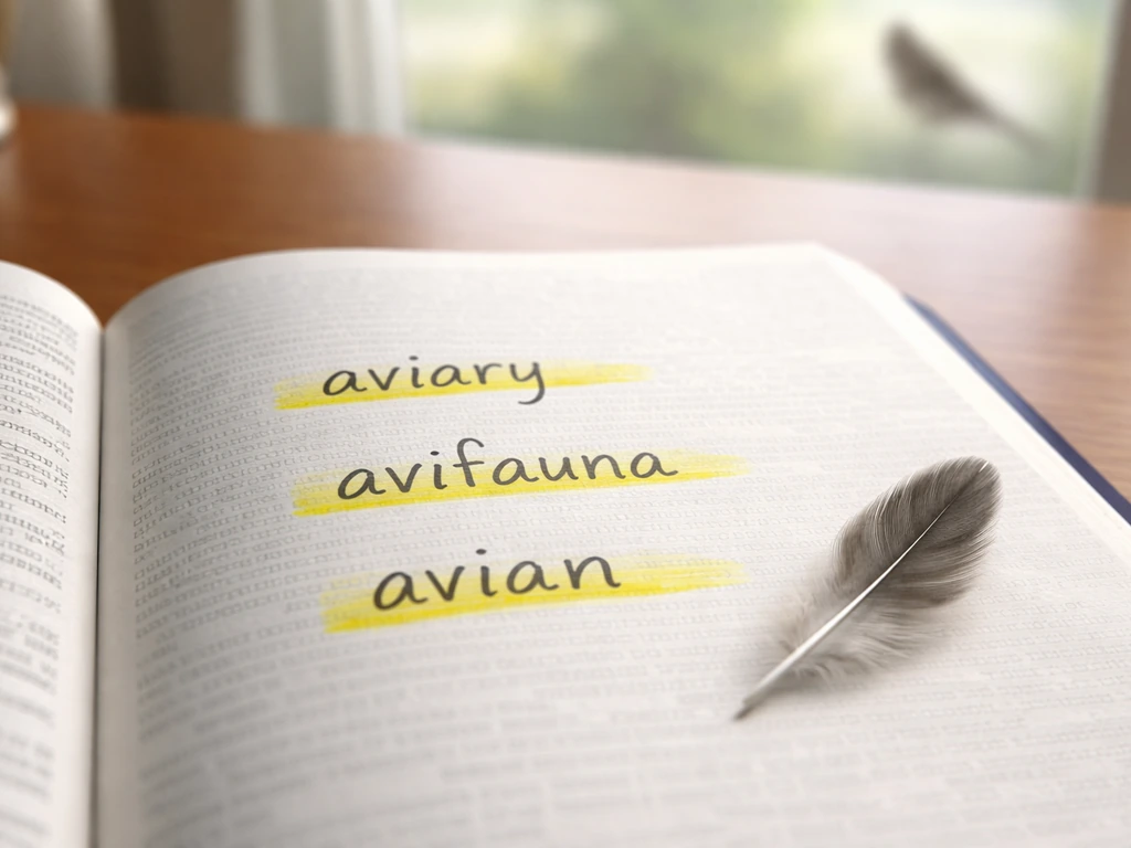 Close-up of an open dictionary with a feather nearby, suggesting the bird-related “avi-” root.