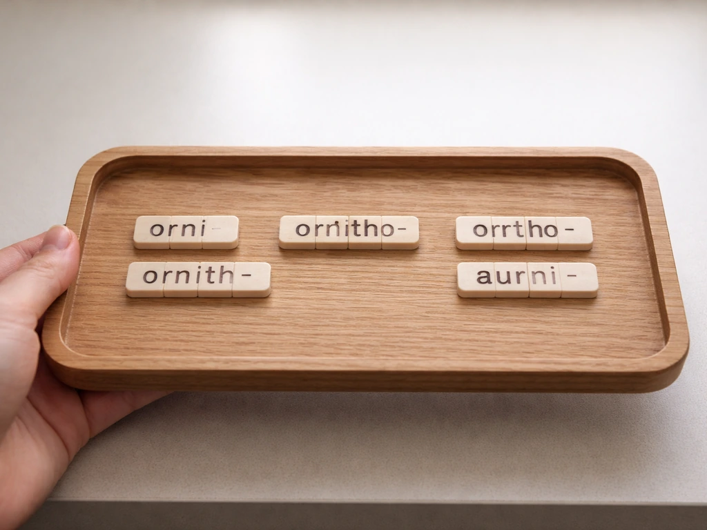 Minimal desk scene with scattered word tiles showing look-alike “bird” prefixes, valid ones shaded more clearly.