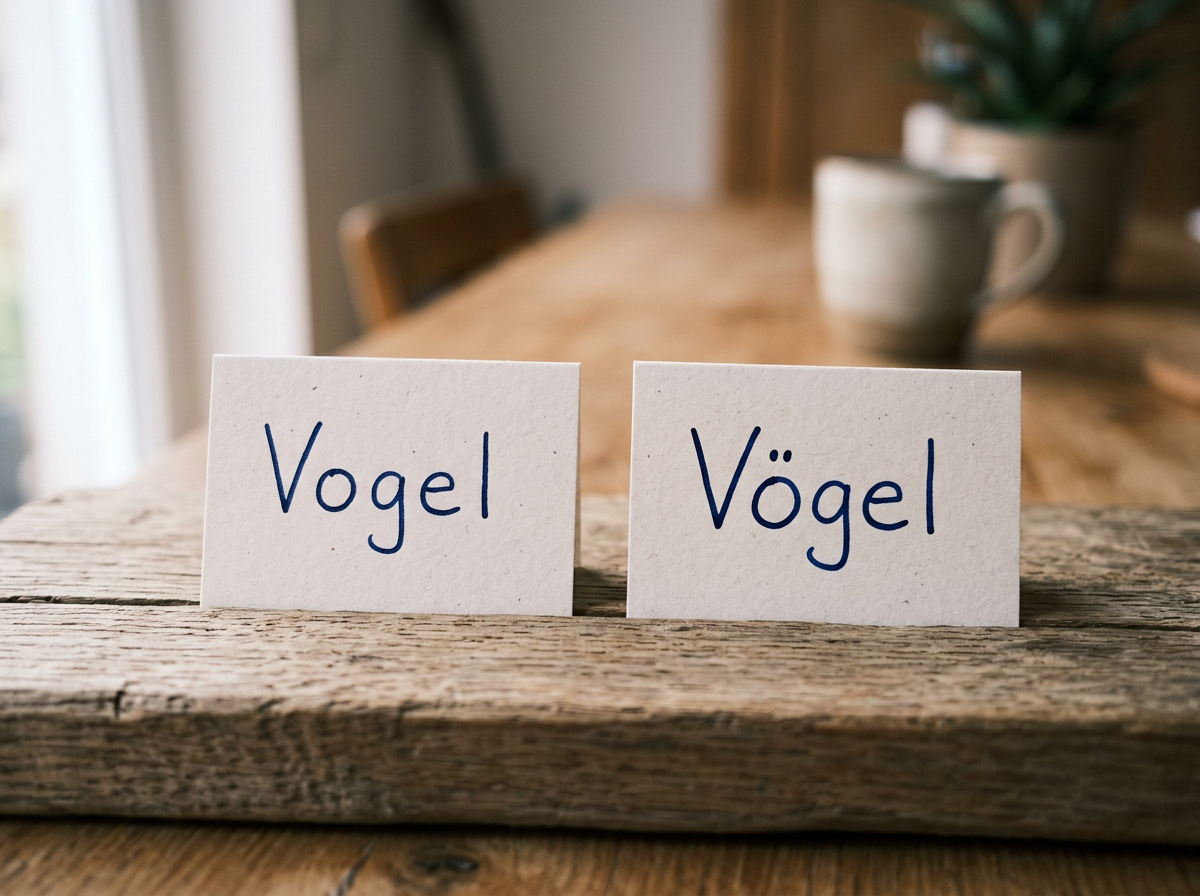 Close-up showing Vogel vs Vögel with the umlaut over ö