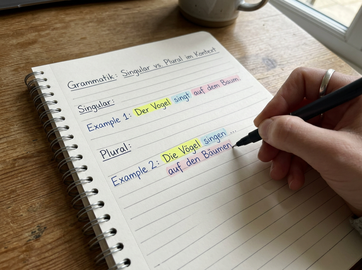 Notebook page with German example sentences using Vogel and Vögel