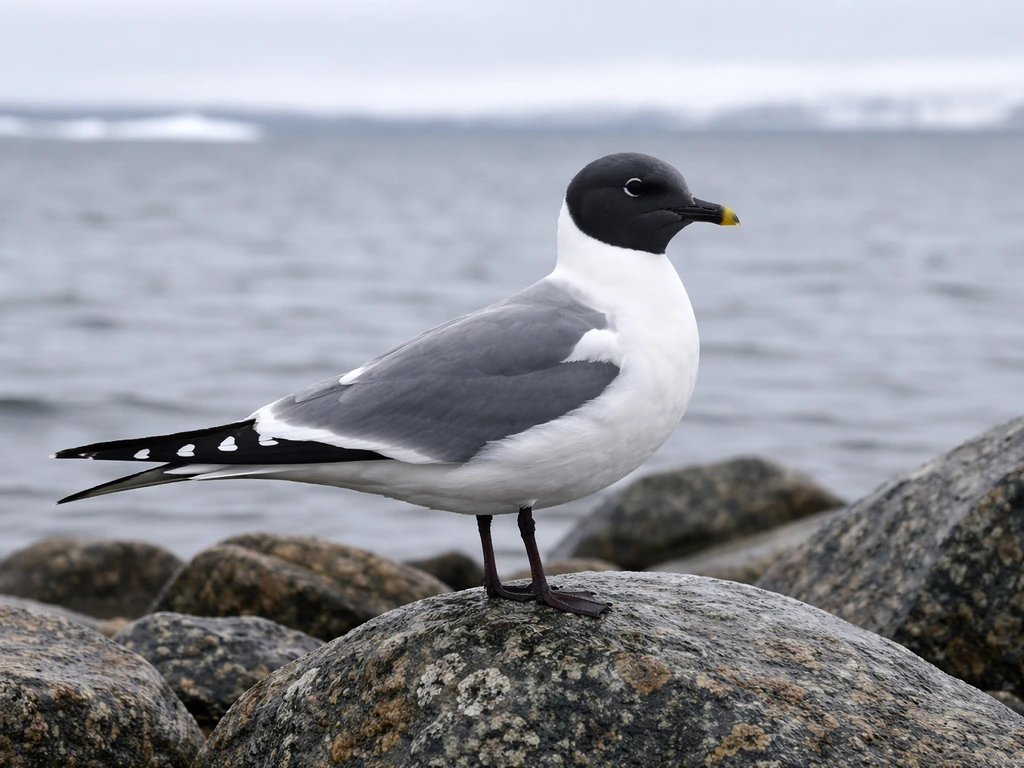 Sabine’s gull in Arctic habitat, showing its distinctive sharply forked tail while standing on a rocky shore.