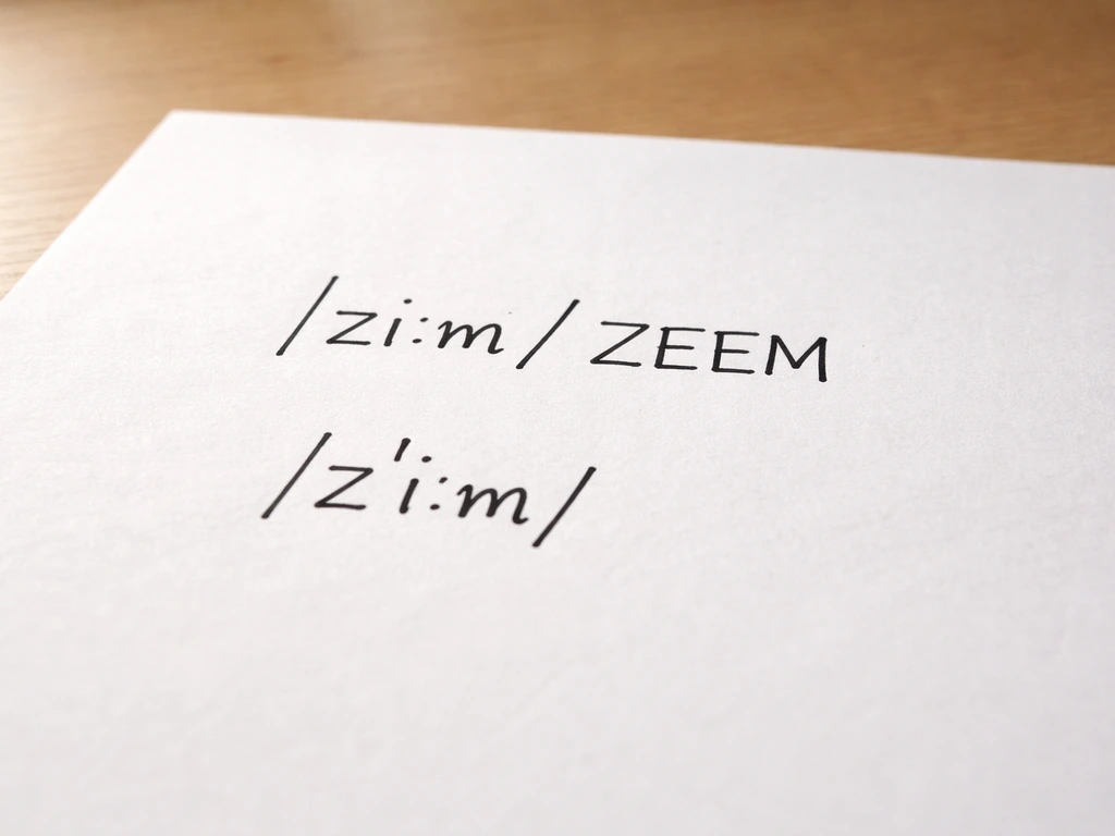 Close-up of a blank desk with a single sheet showing handwritten phonetic symbols for /ziːm/ and ZEEM.