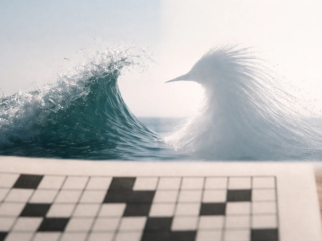 Close-up of a wave crest blending into a bird’s head crest beside a blurred crossword grid.