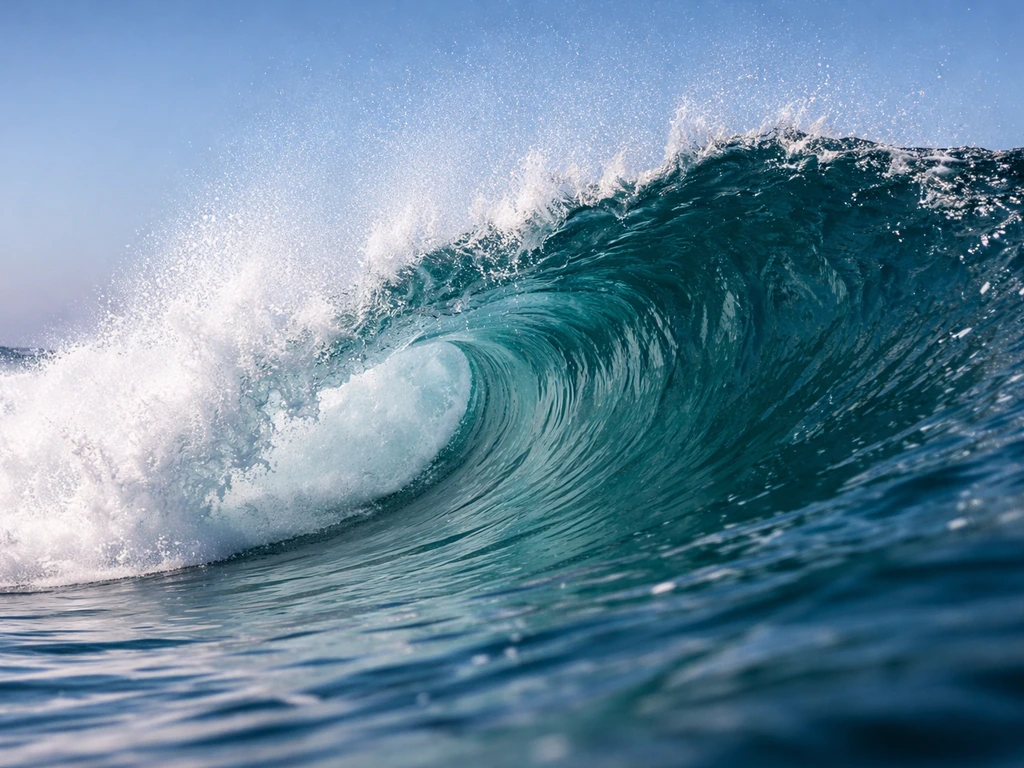 Close-up of an ocean wave crest with a foamy curl at the peak, natural sunlight and sea spray.