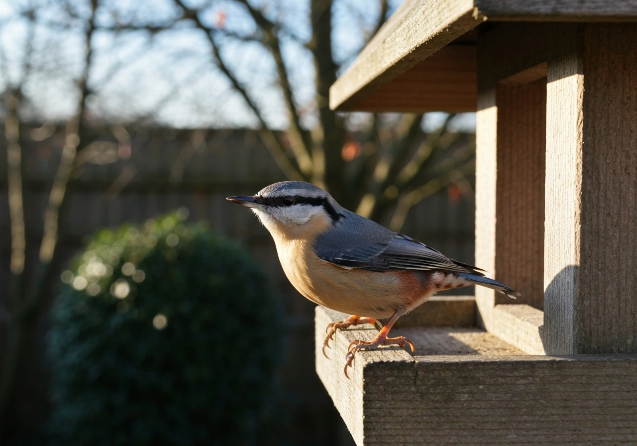 A nuthatch perched on a wooden bird feeder with a softly blurred garden background.