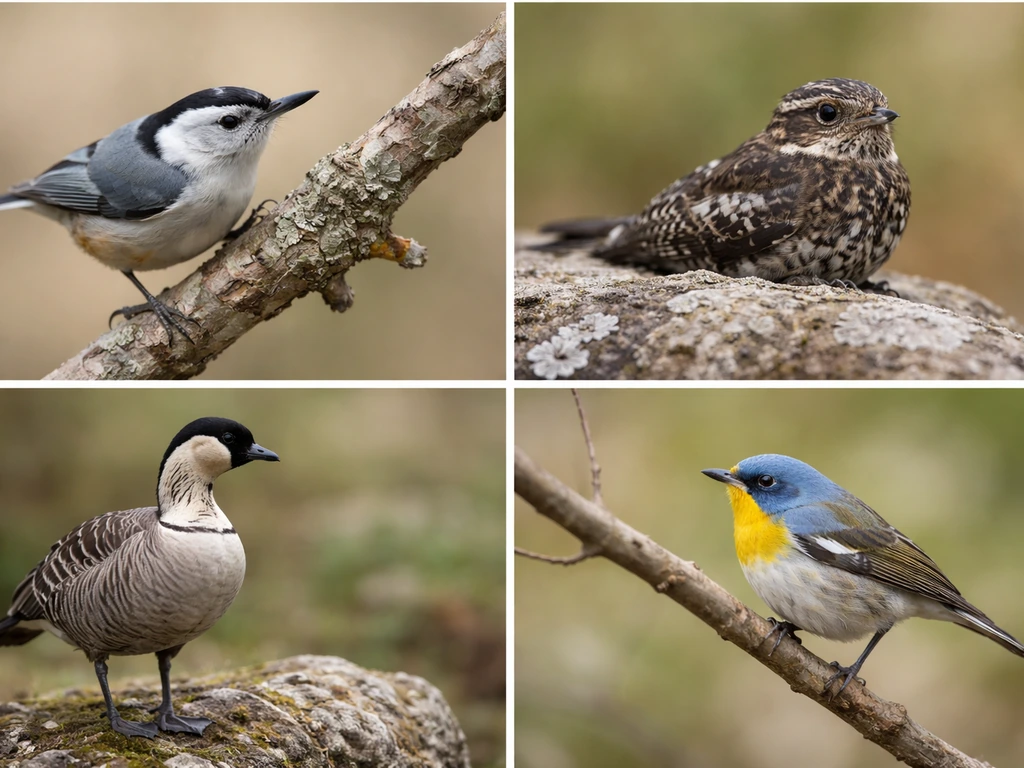 Minimal collage of several N birds perched outdoors, showing realistic feather detail.