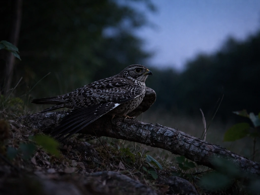 Common nighthawk perched on a low branch at dusk with open-sky background.