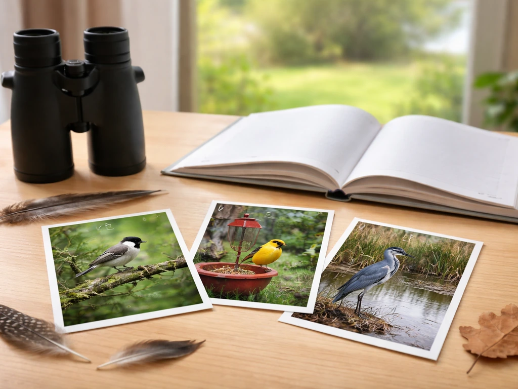 Wooden desk with binoculars and field guide beside habitat photo cards showing birds for identification clues.