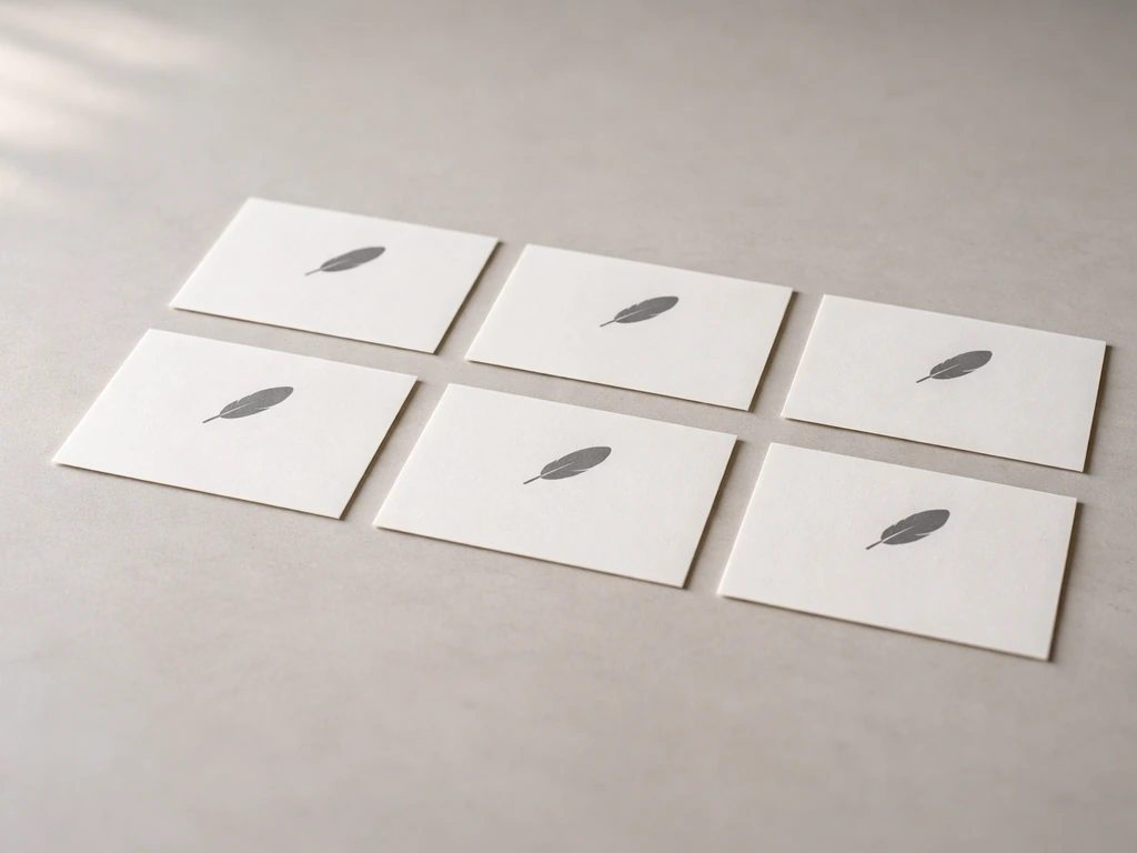 Six off-white label cards with simple feather icons arranged side-by-side on a neutral tabletop.